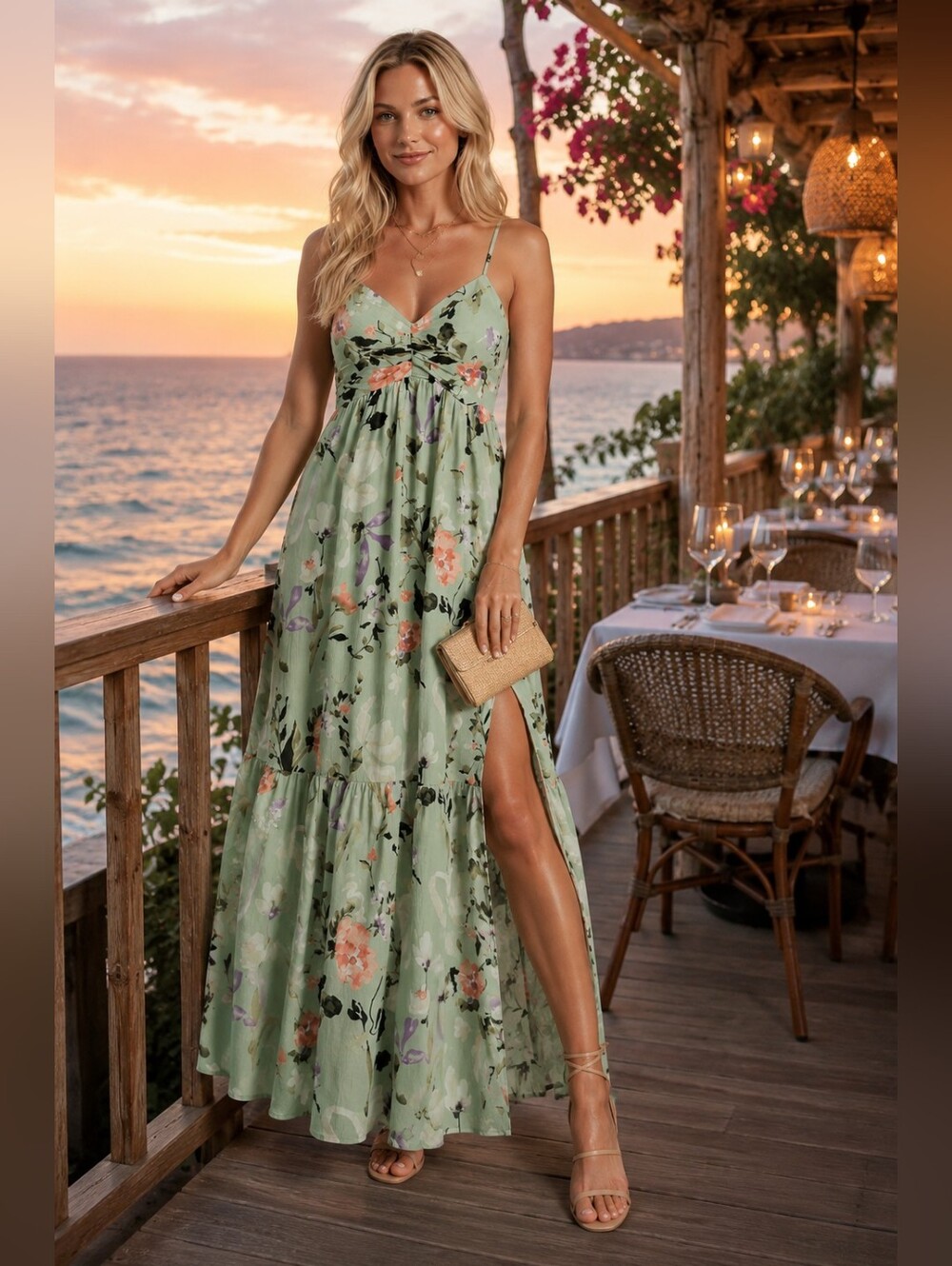 Abercrombie Floral Ruched Maxi Dress Side Slit Cottagecore Resort Dress SP - Picture 4 of 10